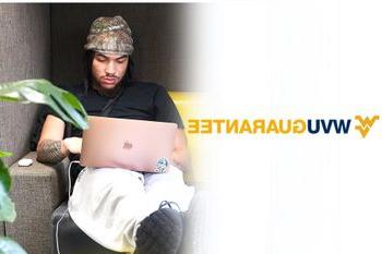 an image of a person wearing a beanie and sitting on a cushioned seat, interacting with a pink laptop.  It fades into whitespace with the lettering: "WVUGUARANTEE" centered over the whitespace  